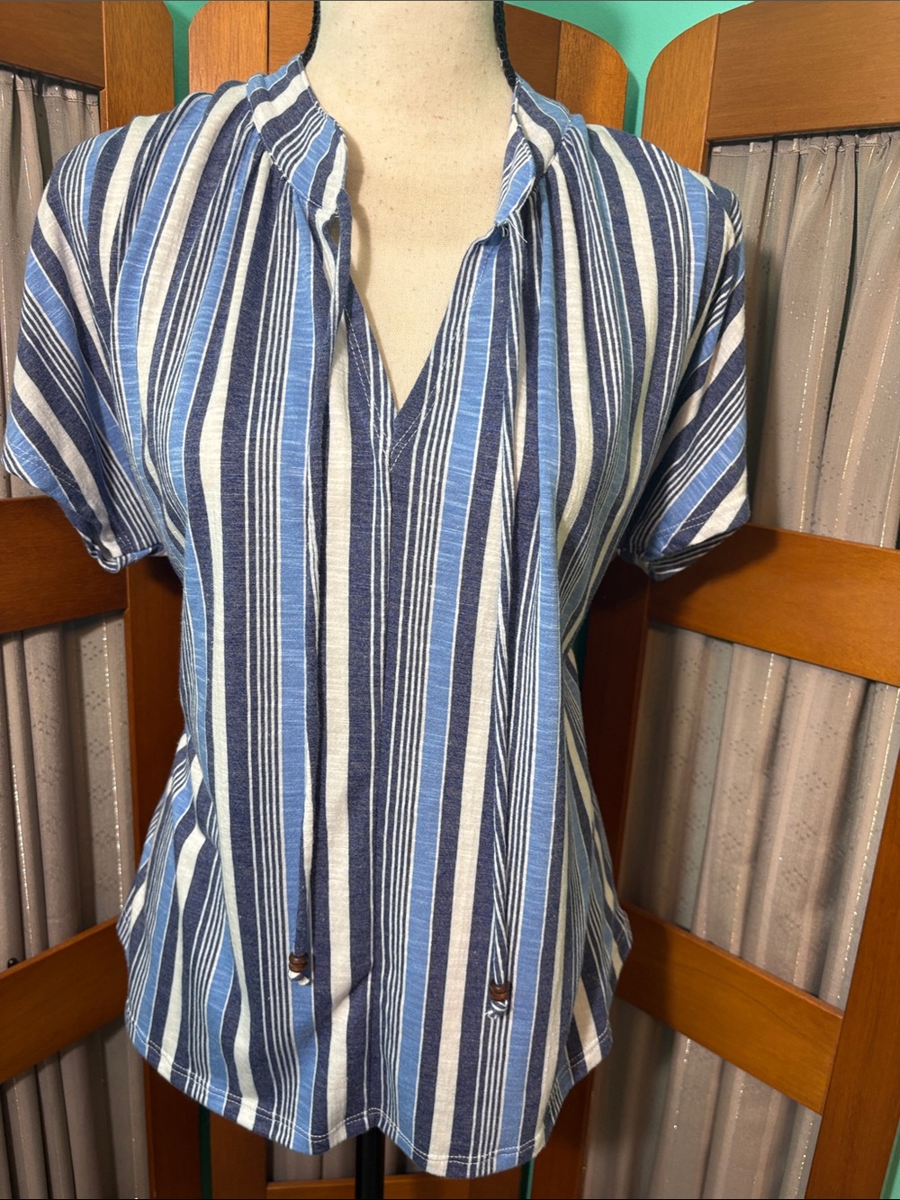 Wrapper Blue & White Striped Short-Sleeve Peasant Top